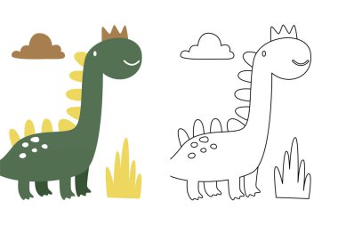 Komik dinozorun vektör karikatürü, boyama kitabı ya da sayfa. Şirin dino karakter renklendirme sayfası