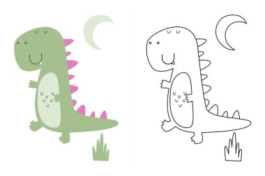Komik dinozorun vektör karikatürü, boyama kitabı ya da sayfa. Şirin dino karakter renklendirme sayfası