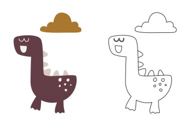 Komik dinozorun vektör karikatürü, boyama kitabı ya da sayfa. Şirin dino karakter renklendirme sayfası