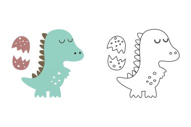 Komik dinozorun vektör karikatürü, boyama kitabı ya da sayfa. Şirin dino karakter renklendirme sayfası