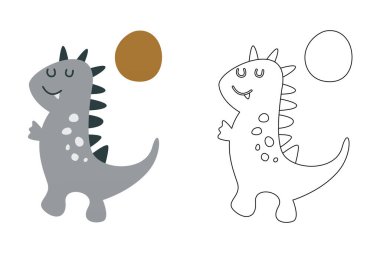 Komik dinozorun vektör karikatürü, boyama kitabı ya da sayfa. Şirin dino karakter renklendirme sayfası