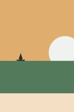 Soyut minimalist deniz manzarası çizimi. Duvar dekorasyonu, kapak, poster, broşür, yaz tatili reklamları için modern düz çizim