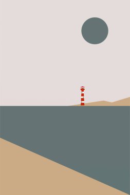 Soyut minimalist deniz manzarası çizimi. Duvar dekorasyonu, kapak, poster, broşür, yaz tatili reklamları için modern düz çizim