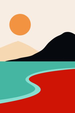 Soyut minimalist deniz manzarası çizimi. Duvar dekorasyonu, kapak, poster, broşür, yaz tatili reklamları için modern düz çizim