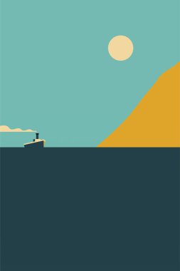 Soyut minimalist deniz manzarası çizimi. Duvar dekorasyonu, kapak, poster, broşür, yaz tatili reklamları için modern düz çizim