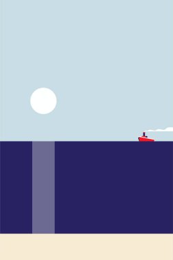 Soyut minimalist deniz manzarası çizimi. Duvar dekorasyonu, kapak, poster, broşür, yaz tatili reklamları için modern düz çizim