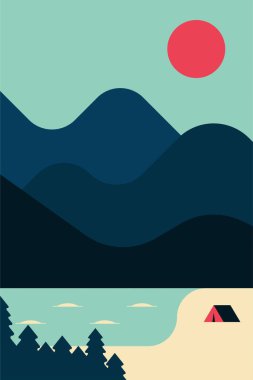 Düz açık alan manzarası duvar resimleme arka planı. Minimalist estetik manzara çizimi