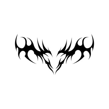 Cesur, siyah simetrik şekiller ve keskin soyut eğriler içeren modern neo kabile dövme tasarımı