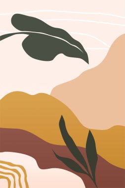 Boho Earth Tone Doğa Duvarı Sanatı. Yaprakları, tepeleri ve toprak tonlarıyla minimalist boho duvar sanatı.