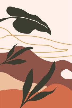 Boho Earth Tone Doğa Duvarı Sanatı. Yaprakları, tepeleri ve toprak tonlarıyla minimalist boho duvar sanatı.