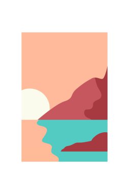 Minimalist günbatımı kum manzarası dağ duvarı sanatı. Düz minimalist dağ sanatı, günbatımı, okyanus, yumuşak toprak renk düzeni