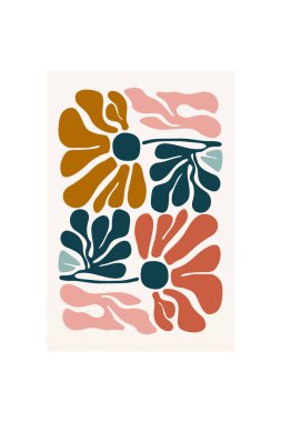 Cesur renklere ve organik şekillere sahip minimalist çiçek çizimi. Asrın ortalarında minimalist boho soyut çiçek çizimi