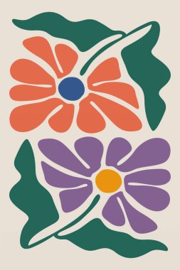 Cesur renklere ve organik şekillere sahip minimalist çiçek çizimi. Asrın ortalarında minimalist boho soyut çiçek çizimi