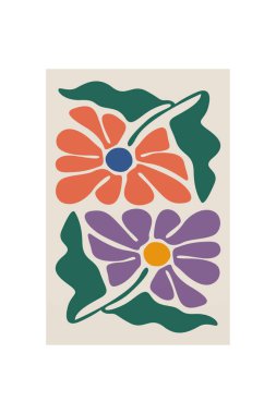 Cesur renklere ve organik şekillere sahip minimalist çiçek çizimi. Asrın ortalarında minimalist boho soyut çiçek çizimi