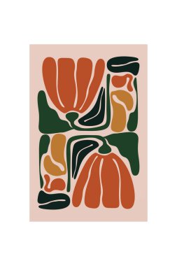 Cesur renklere ve organik şekillere sahip minimalist çiçek çizimi. Asrın ortalarında minimalist boho soyut çiçek çizimi