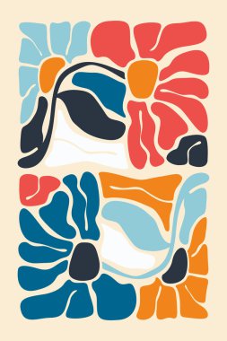 Cesur renklere ve organik şekillere sahip minimalist çiçek çizimi. Asrın ortalarında minimalist boho soyut çiçek çizimi