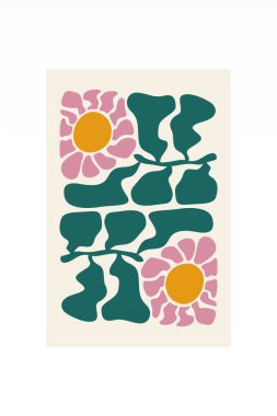 Cesur renklere ve organik şekillere sahip minimalist çiçek çizimi. Asrın ortalarında minimalist boho soyut çiçek çizimi