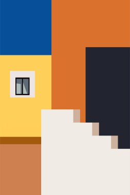 Parlak güneşli gökyüzü altında cesur geometrik şekillerle minimalist renkli bina cephesi