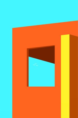 Parlak güneşli gökyüzü altında cesur geometrik şekillerle minimalist renkli bina cephesi