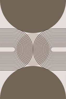 Sıcak kahverengi tonlarda geometrik şekilli soyut boho retro duvar sanatı. Boho geometrik retro duvar baskısı