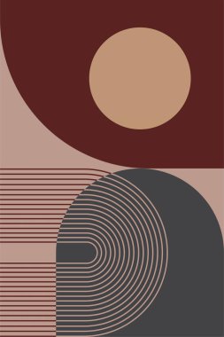 Sıcak kahverengi tonlarda geometrik şekilli soyut boho retro duvar sanatı. Boho geometrik retro duvar baskısı
