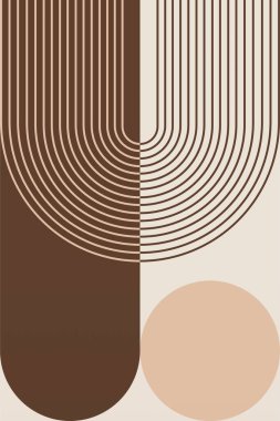 Sıcak kahverengi tonlarda geometrik şekilli soyut boho retro duvar sanatı. Boho geometrik retro duvar baskısı