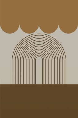 Sıcak kahverengi tonlarda geometrik şekilli soyut boho retro duvar sanatı. Boho geometrik retro duvar baskısı