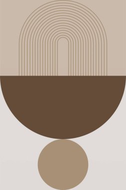 Sıcak kahverengi tonlarda geometrik şekilli soyut boho retro duvar sanatı. Boho geometrik retro duvar baskısı