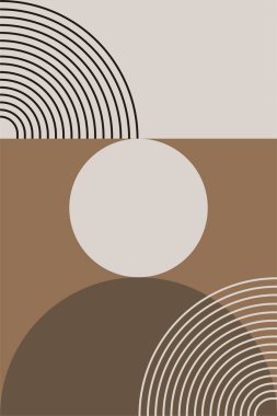 Sıcak kahverengi tonlarda geometrik şekilli soyut boho retro duvar sanatı. Boho geometrik retro duvar baskısı