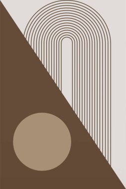 Sıcak kahverengi tonlarda geometrik şekilli soyut boho retro duvar sanatı. Boho geometrik retro duvar baskısı