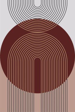 Sıcak kahverengi tonlarda geometrik şekilli soyut boho retro duvar sanatı. Boho geometrik retro duvar baskısı