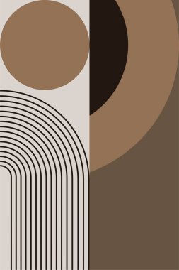 Sıcak kahverengi tonlarda geometrik şekilli soyut boho retro duvar sanatı. Boho geometrik retro duvar baskısı