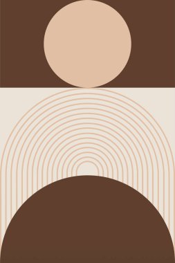 Sıcak kahverengi tonlarda geometrik şekilli soyut boho retro duvar sanatı. Boho geometrik retro duvar baskısı