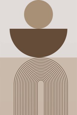 Sıcak kahverengi tonlarda geometrik şekilli soyut boho retro duvar sanatı. Boho geometrik retro duvar baskısı