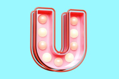 Pembe ışıklandırma 3D harf U. Retro tarzı, ampul lambalı harf dizaynı. Yüksek kalite 3B görüntüleme.