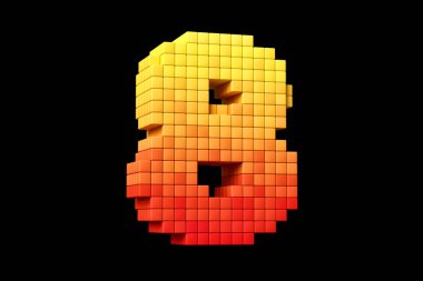 Digital font digit number 8 in orange and yellow colors. High quality 3D rendering pixel art typography. clipart