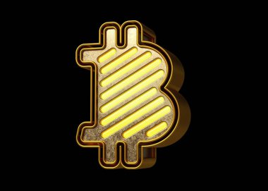 Parlak altın neonlu Bitcoin logosu. Blogları, haberleri ve reklamları kripto para birimi konseptiyle resmetmek için uygun tasarım. Yüksek kalite 3B görüntüleme.