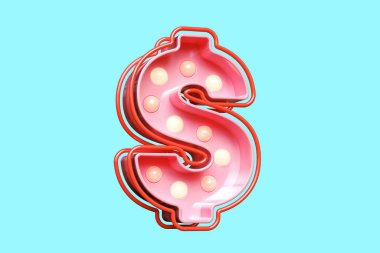 Pembe beyaz parlak küreler içinde üç boyutlu semboller. Ampul afiş yazı tipi. Yüksek kalite 3B görüntüleme.