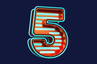 Çarpıcı parlak yazı tipi. Metalik turuncu ve parlak mavi şeritli 5 numaralı stili göster. Yüksek kalite 3B görüntüleme.