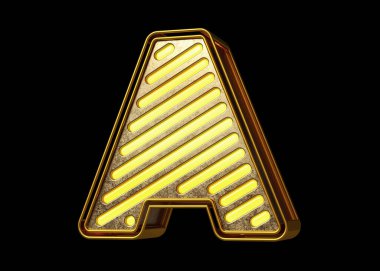 Parlak neon yazı tipi A harfi altın ve sarı. Başlıklar, reklam başlıkları ve göz alıcı metinler tasarlamak için güzel yazı karakteri. Yüksek kalite 3B görüntüleme.