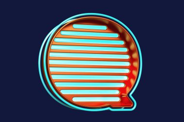 Retro aydınlatma 3 boyutlu alfabe. Turuncu ve turuncu renkli Q harfi. Yüksek kalite 3B görüntüleme