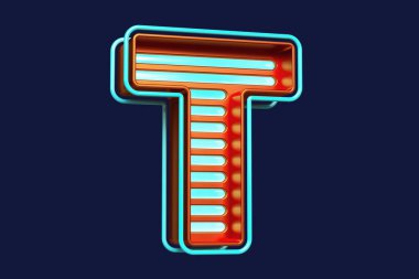 Bronz ve mavi şeritli parlak T harfi. Renkli kumarhane tarzı yazı tipi. Yüksek kalite 3B görüntüleme