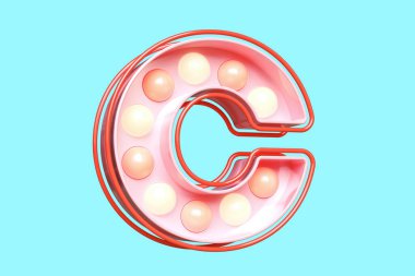 Pembe 3D yazı tipi C ile ampul ışıkları. Yüksek kalite 3B görüntüleme.