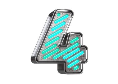 Gümüş parlayan neon yazı tipi numara 4. Başlıklar, reklam başlıkları ve göz alıcı metinler için güzel bir yazı karakteri. Yüksek kalite 3B görüntüleme.