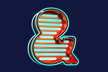 Modern retro tarzı ampersand sembolü bronz ve parlak mavi neon çizgileri var. Yüksek kalite 3B görüntüleme