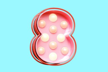 Renkli 3D ampul tipografisi. 8 numara pembe ve sıcak ışıkları var. Yüksek kalite 3B görüntüleme.