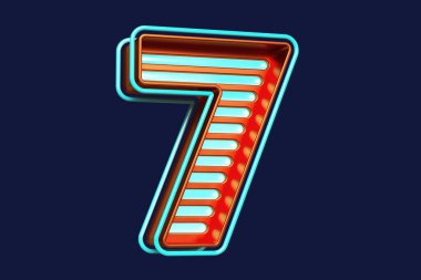 Renkli üç boyutlu neon alfabe. Metalik turuncu ve parlak mavi ile 7 numaralı fütüristik stil. Yüksek kalite 3B görüntüleme