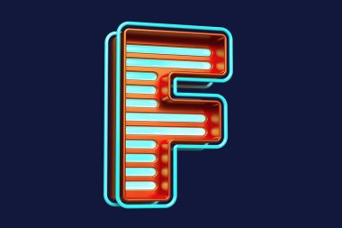 Neon kutulu F harfi turuncu ve cyan. Çekici 3D göz alıcı yazı tipi. Yüksek kalite 3B görüntüleme