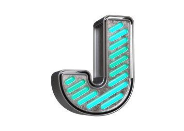 Neon çizgileri ve paslanmaz çelik stili tipografi harfi J. Başlıklar, reklam başlıkları ve göz alıcı metinler tasarlamak için güzel yazı karakteri. Yüksek kalite 3B görüntüleme.