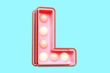 Pembe 3D yazı tipi L ile parlayan ampul ışıkları. Yüksek kalite 3B görüntüleme.